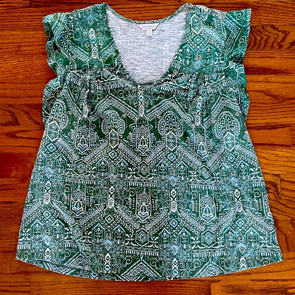 Lucky Brand Green Blue White Boho Print V-Neck Blouse Top Women’s Large - Picture 1 of 7